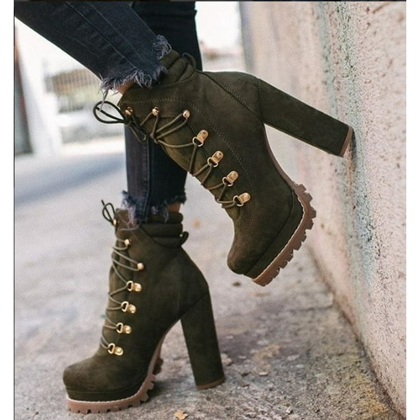 3 Color Fashion Faux Suede Lace Up Chunky 4" High Heel Booties Women Ankle Boots